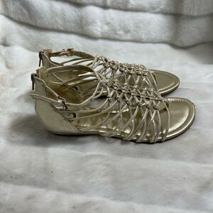 G by Guess gold textile ankle strap sandals back zipper gol & jewels accent SZ8M